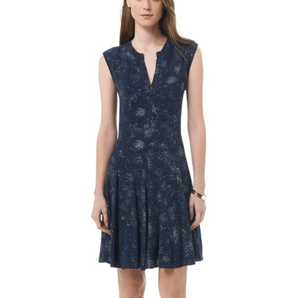 NWT Rebecca Taylor SS Foil Godet Dress Navy/Silver